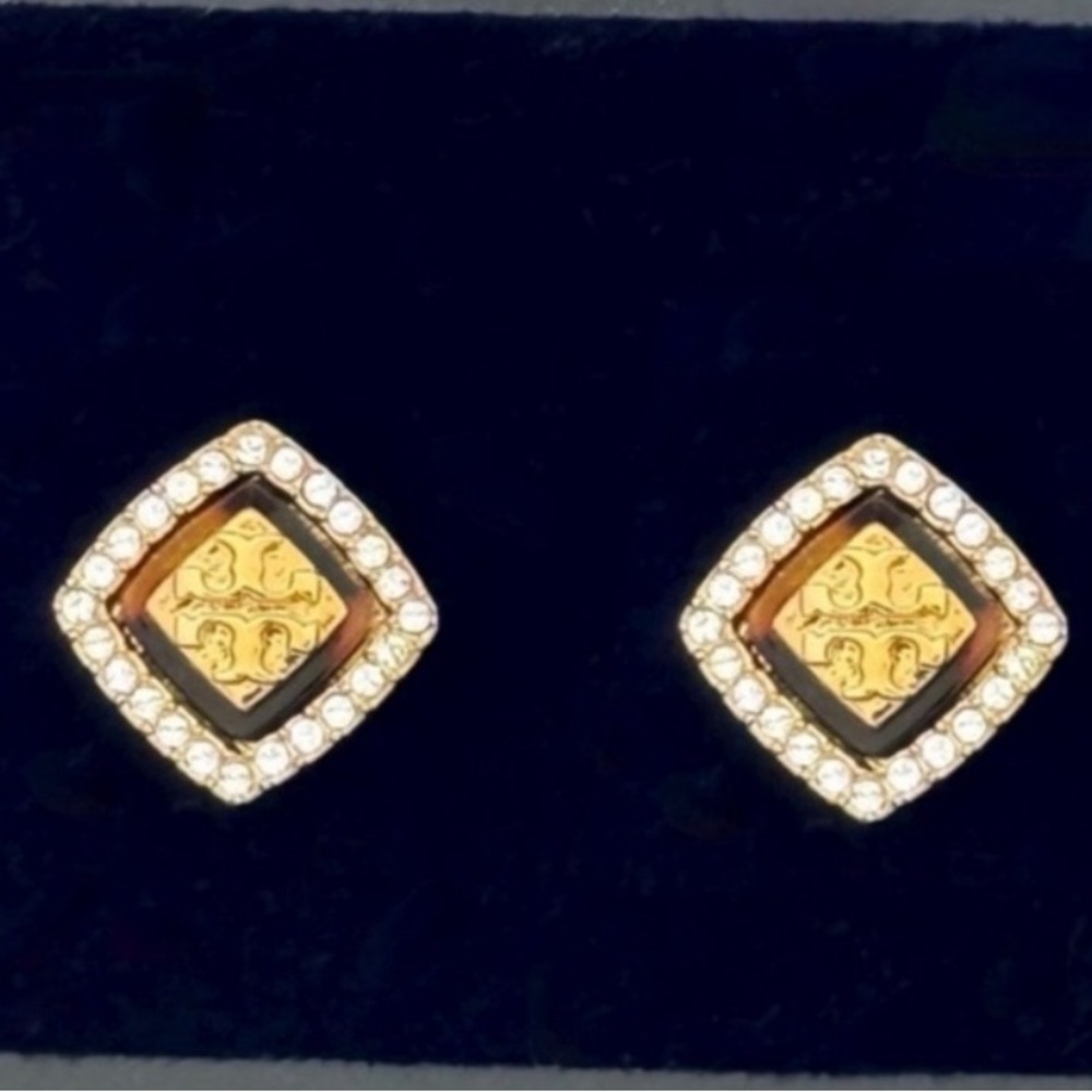 Tory Burch tortoise crystal McCoyLogo stud earrings - Picture 4 of 7